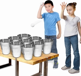 Gamie Bucket Ping Pong Ball Game Includes 9 Metal Buckets, 12 Balls, and 1 Number Sticker Sheet - Fun Party Activity for Kids and Adults, Carnival Games for Kids