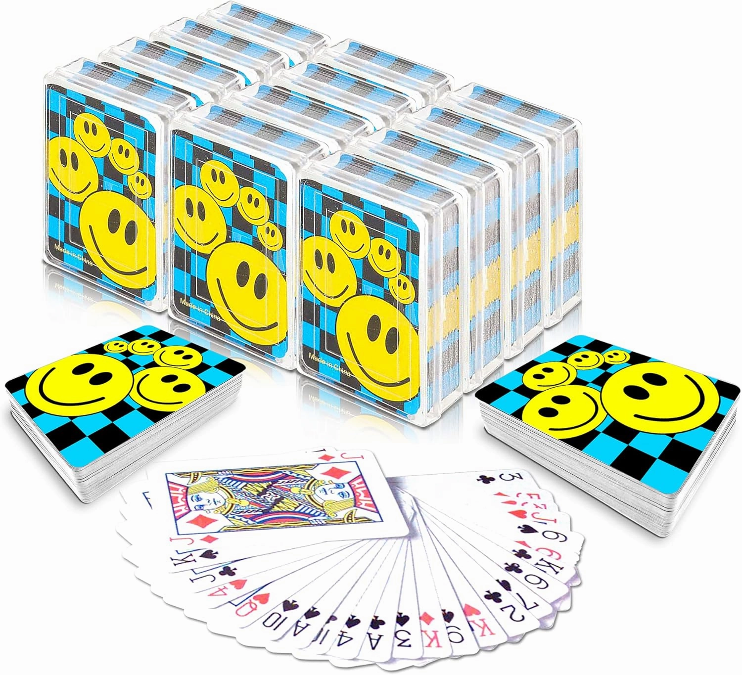 Gamie Mini Smile Playing Cards Deck - Pack of 12-2.5 Inches Tall - Blue Checkerboard Background - Poker-Casino Cards - Carnival Prize, Party Favor and Gift Idea for Kids Ages 3 