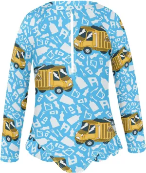 Garbage Truck Girls Swimsuit One Piece Rash Guard Girls' Swimwear Long Sleeve Swimsuits for Girl Size 3-12T