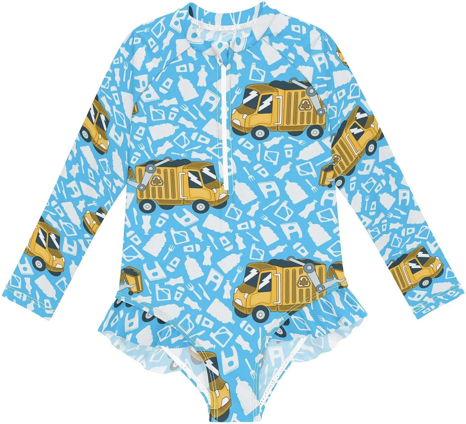 Garbage Truck Girls Swimsuit One Piece Rash Guard Girls' Swimwear Long Sleeve Swimsuits for Girl Size 3-12T