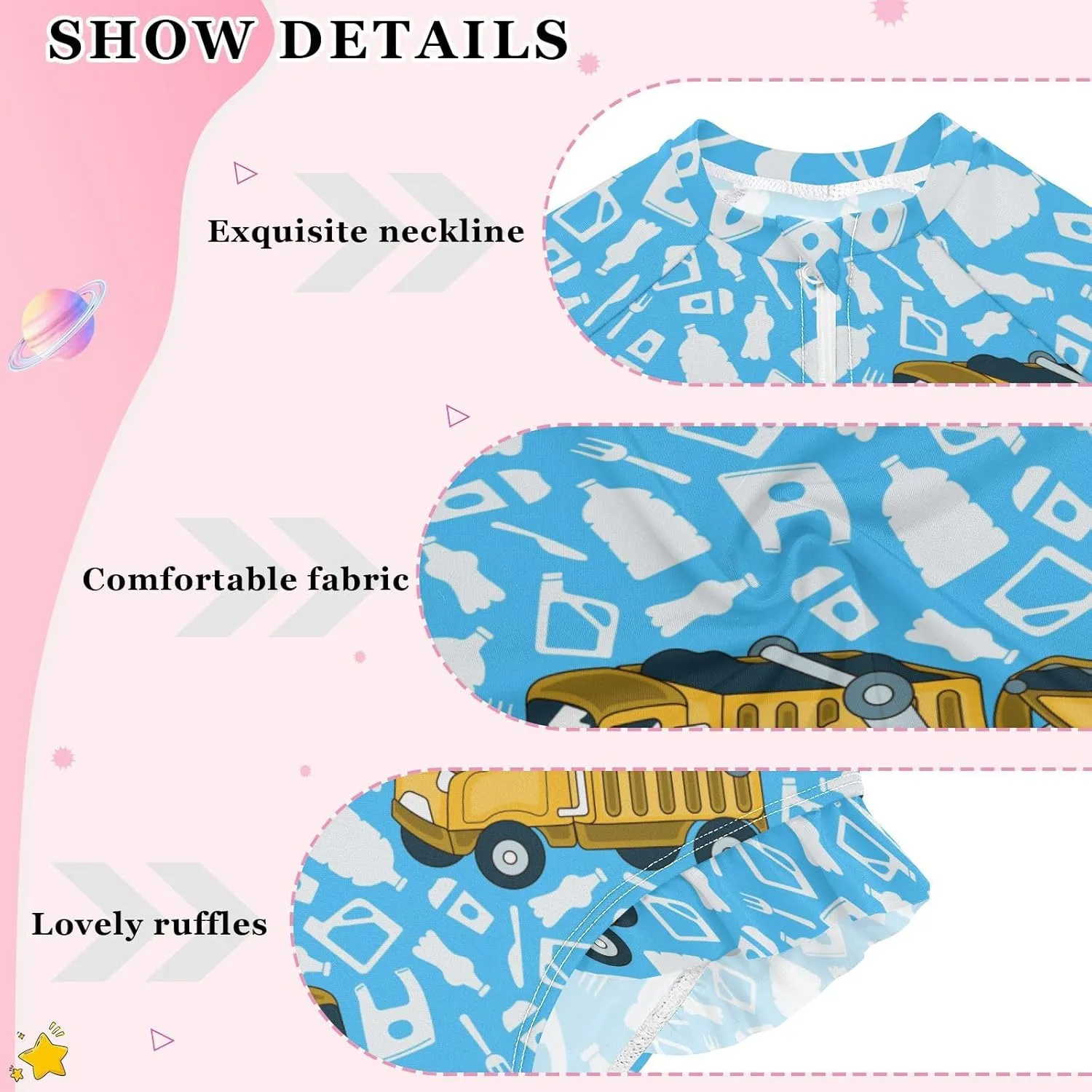 Garbage Truck Girls Swimsuit One Piece Rash Guard Girls' Swimwear Long Sleeve Swimsuits for Girl Size 3-12T