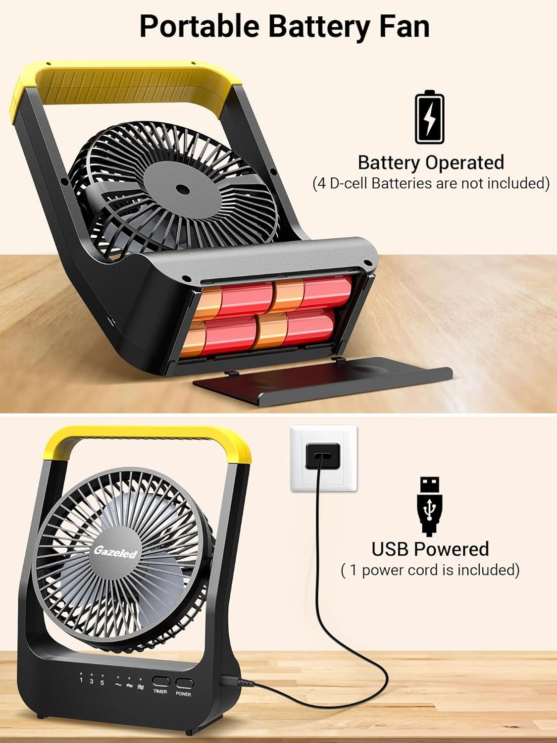 Gazeled Battery Powered Fan, Super Long Lasting Battery Powered Fans for Camping, Portable D-Cell Desk Fan with Timer, 3 Speeds, Whisper Quiet, 180° Rotation, for Office,Bedroom,Outdoor, 5''