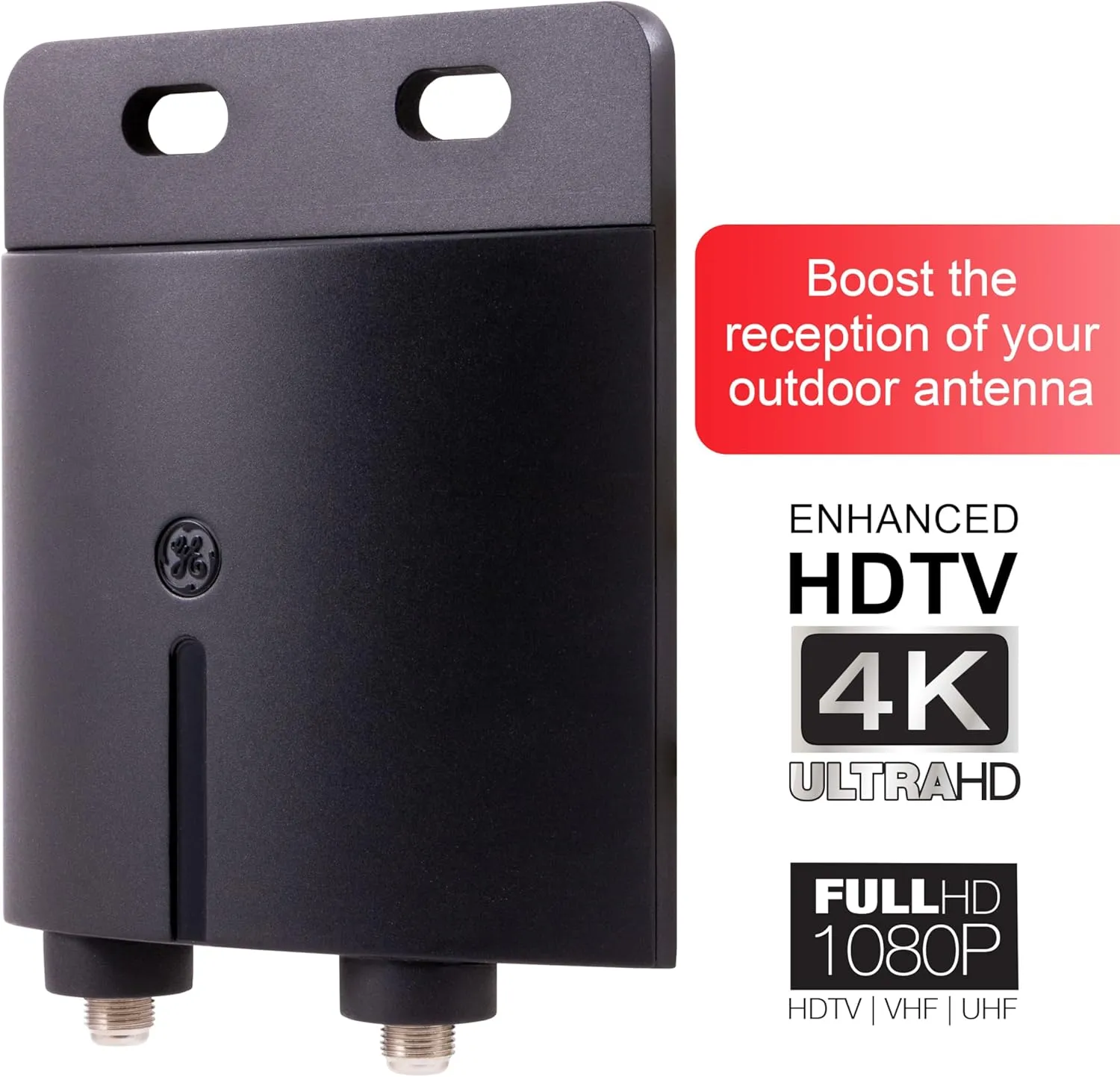 GE Pro Outdoor Antenna Amplifier, Low Noise Antenna Signal Booster, Clears Up Pixelated Low-Strength Channels, Supports HD Smart TV VHF UHF – 42179