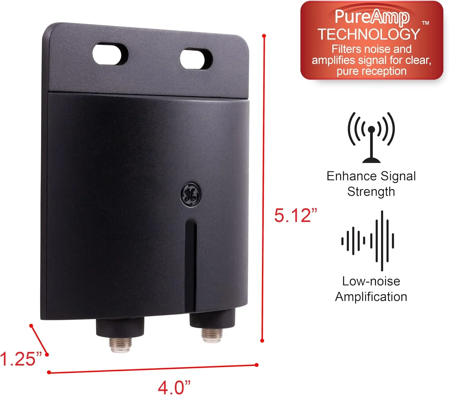 GE Pro Outdoor Antenna Amplifier, Low Noise Antenna Signal Booster, Clears Up Pixelated Low-Strength Channels, Supports HD Smart TV VHF UHF – 42179