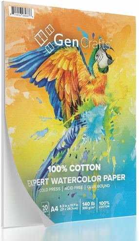 GenCrafts 100% Cotton Watercolor Paper Pad - A4 8.3x11.7-20 Sheets (140lb/300gsm) - Cold Press Acid Free Art Sketchbook Pad for Painting & Drawing, Wet, Mixed Media