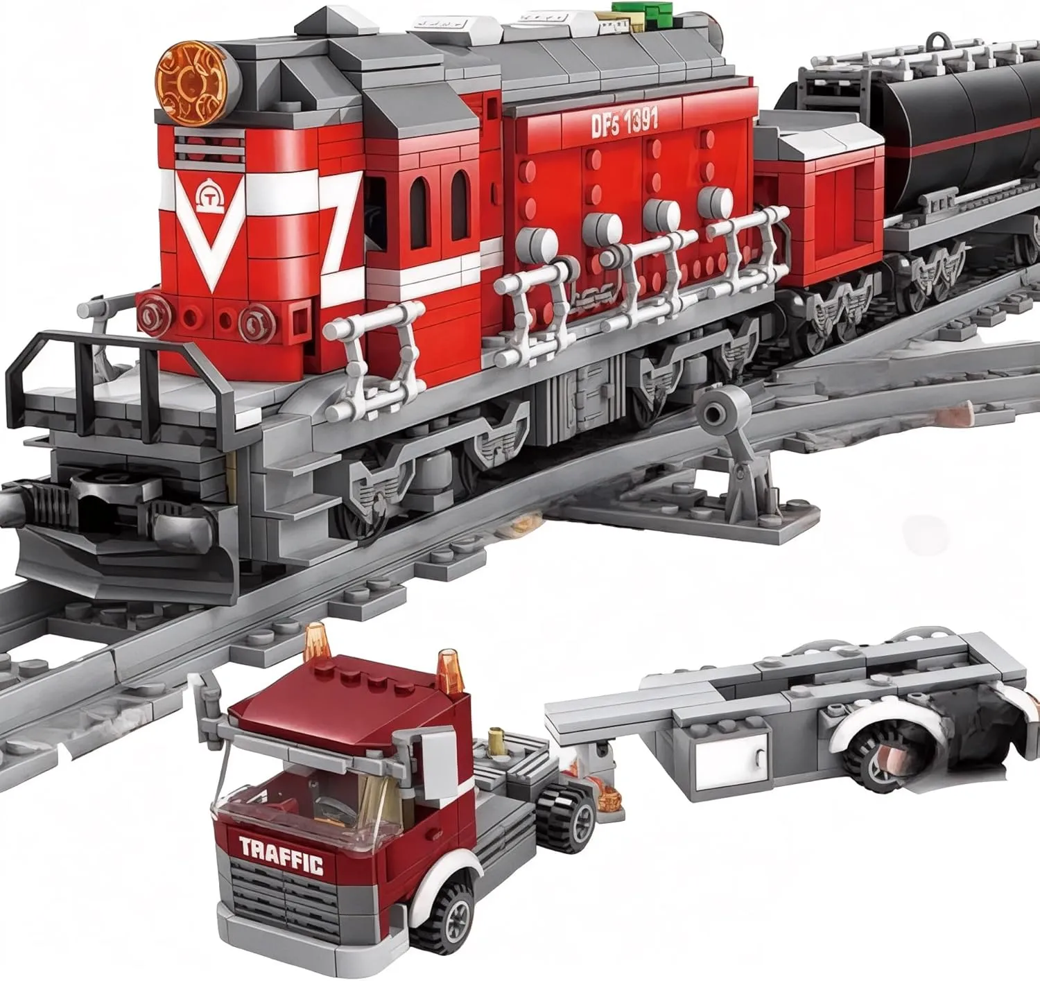 General Jim's Red Diesel Cargo Train Building Blocks Set - 1000  Piece City Series with Automatic Running System, Railway Tracks, and Truck - Compatible with Major Brick Building Brands