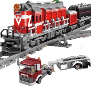 General Jim's Red Diesel Cargo Train Building Blocks Set - 1000  Piece City Series with Automatic Running System, Railway Tracks, and Truck - Compatible with Major Brick Building Brands