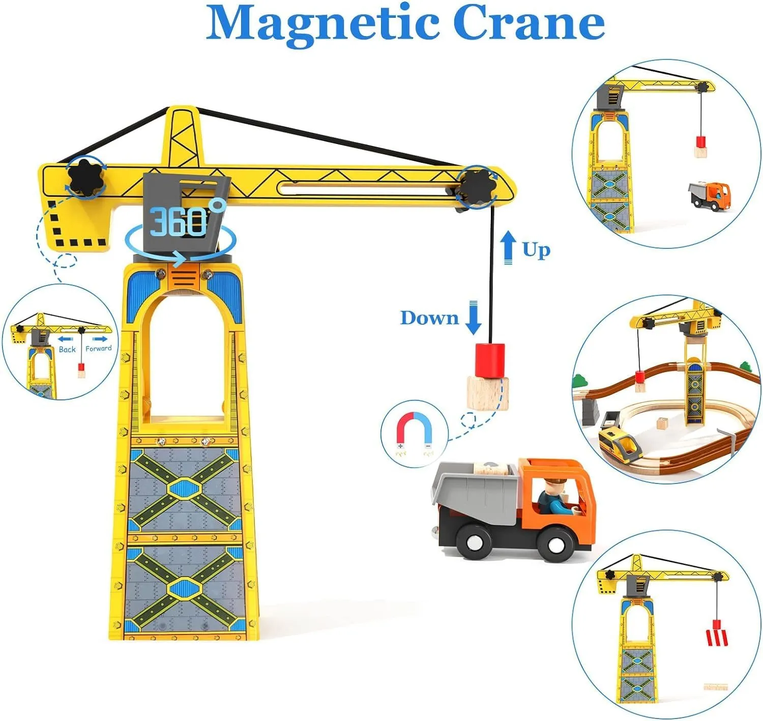 Giant bean 72PCS Tower Crane Wooden Train Set, Battery Operated Electric Train Track for Boys and Girls 3-7, Christmas Birthday Toy Gift