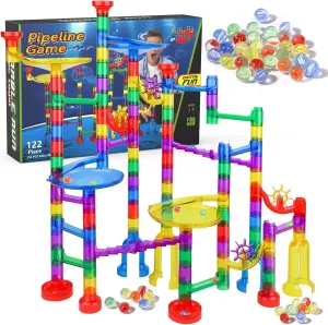 Gifts2U Marble Run Set for Kids 4  - 122 PCS Race Track Game With 90 Translucent Pieces   32 Glass Marbles, STEM Maze Building Blocks