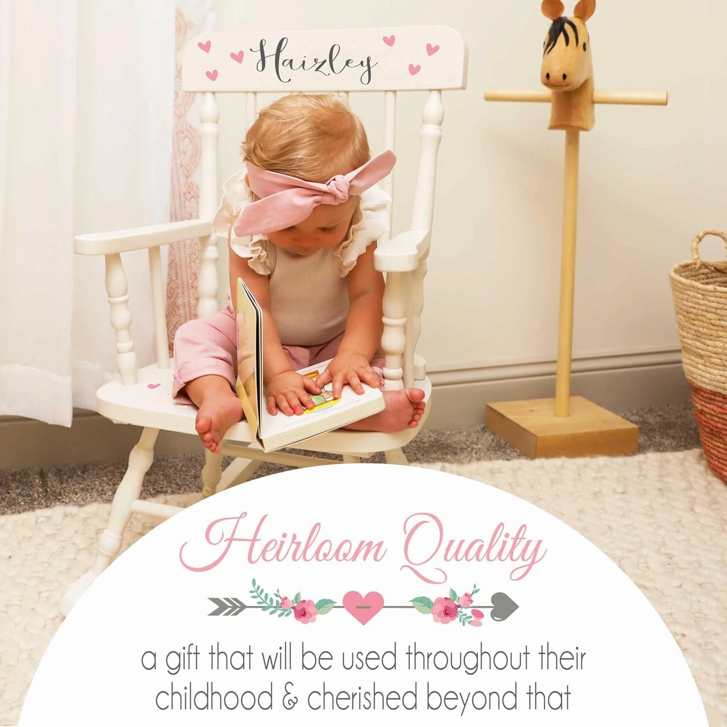 Girl's Personalized White Wood Rocking Chair Toddler Baby Gift (Classic Bunny)
