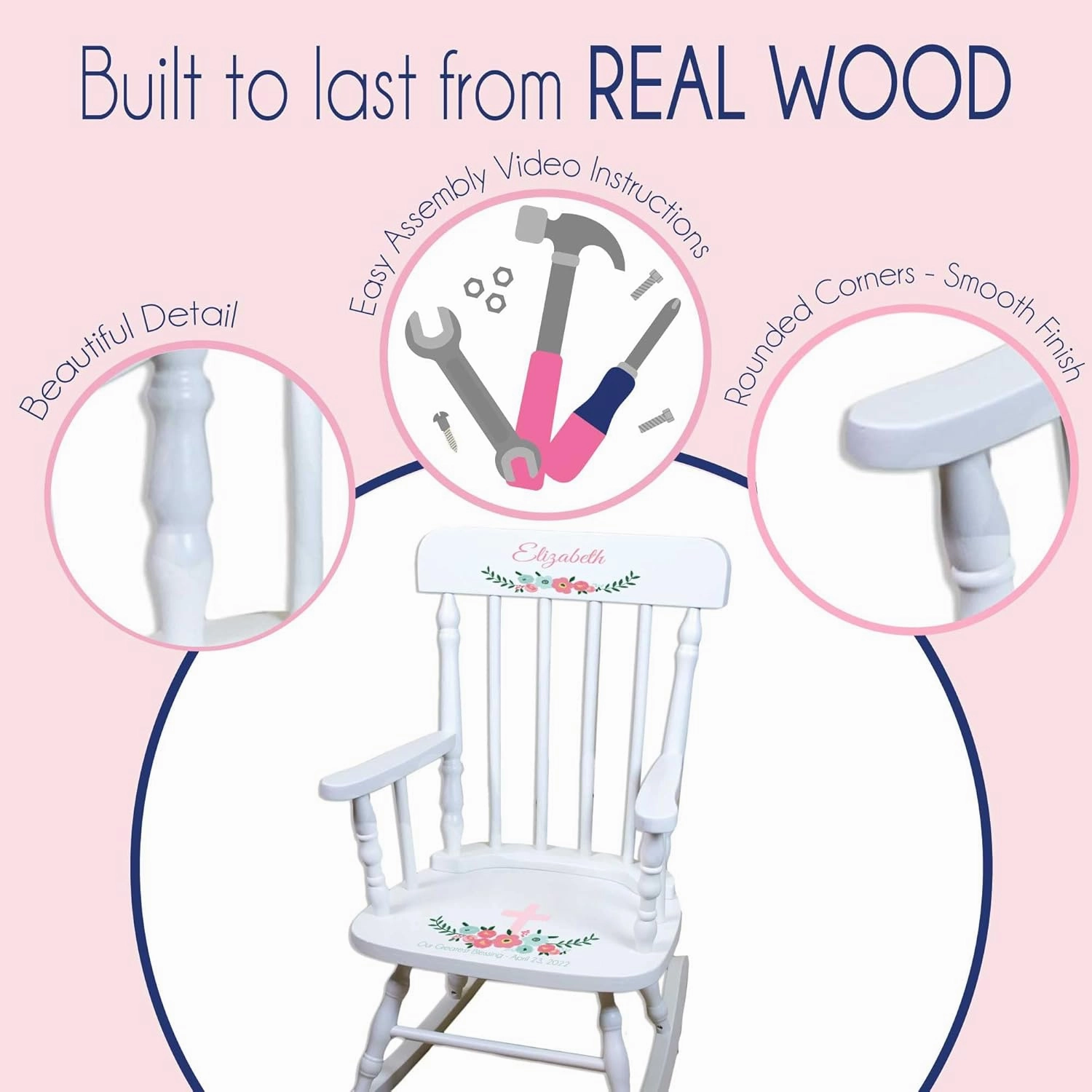 Girl's Personalized White Wood Rocking Chair Toddler Baby Gift (Classic Bunny)