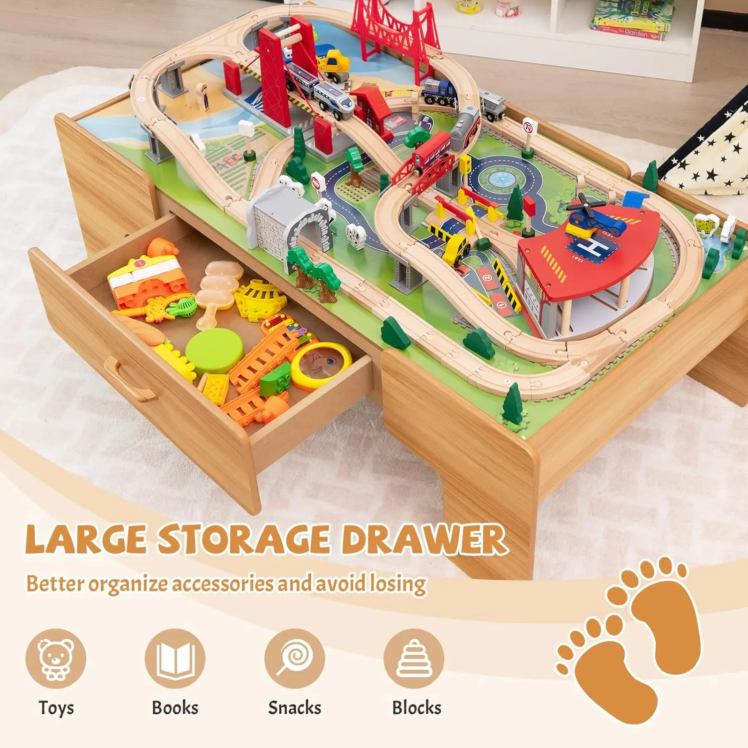 GLACER Kids Wooden Train Table Set, 100-Piece Multipurpose Activity Table with 2-in-1 Reversible & Removable Tabletop, Large Capacity Storage Drawer, Vehicles, Houses, DIY Gift for Aged 3 , Natural
