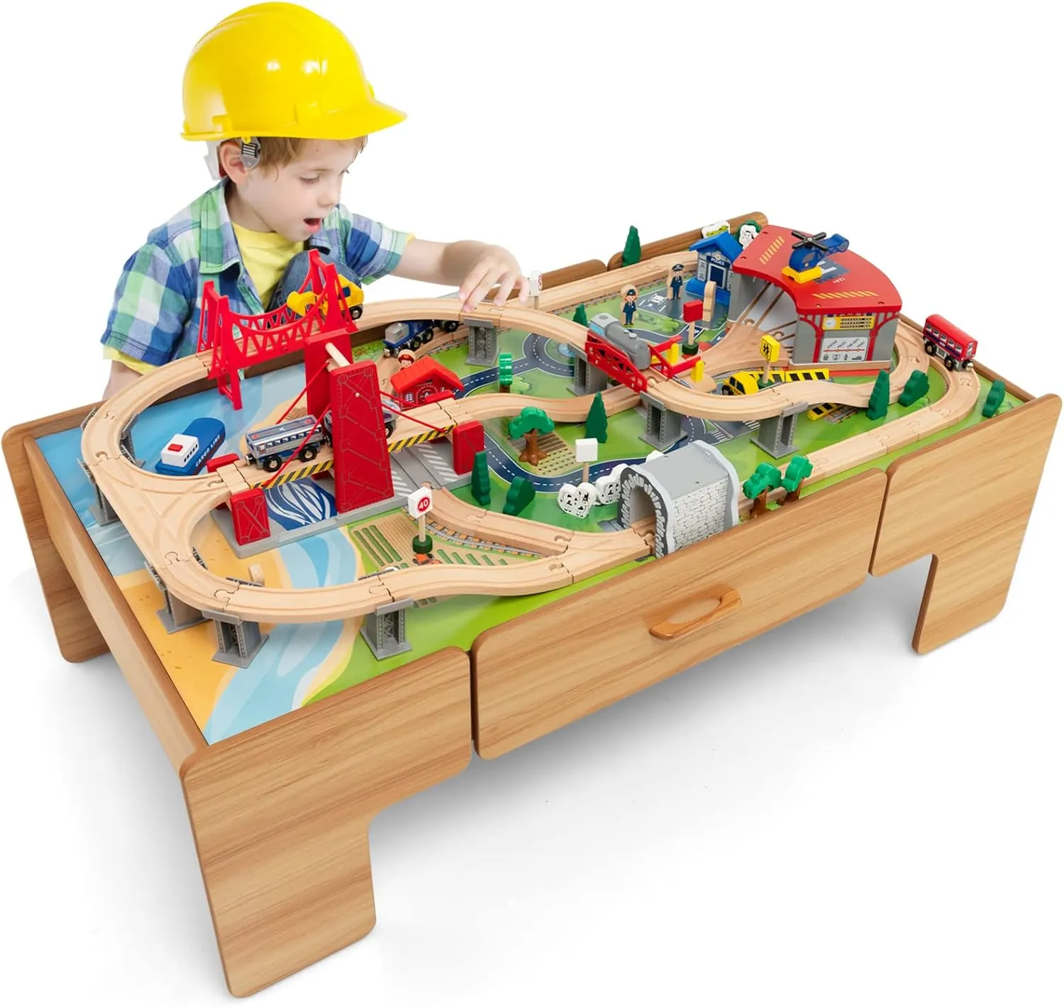 GLACER Kids Wooden Train Table Set, 100-Piece Multipurpose Activity Table with 2-in-1 Reversible & Removable Tabletop, Large Capacity Storage Drawer, Vehicles, Houses, DIY Gift for Aged 3 , Natural