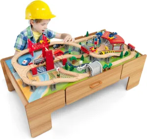 GLACER Kids Wooden Train Table Set, 100-Piece Multipurpose Activity Table with 2-in-1 Reversible & Removable Tabletop, Large Capacity Storage Drawer, Vehicles, Houses, DIY Gift for Aged 3 , Natural