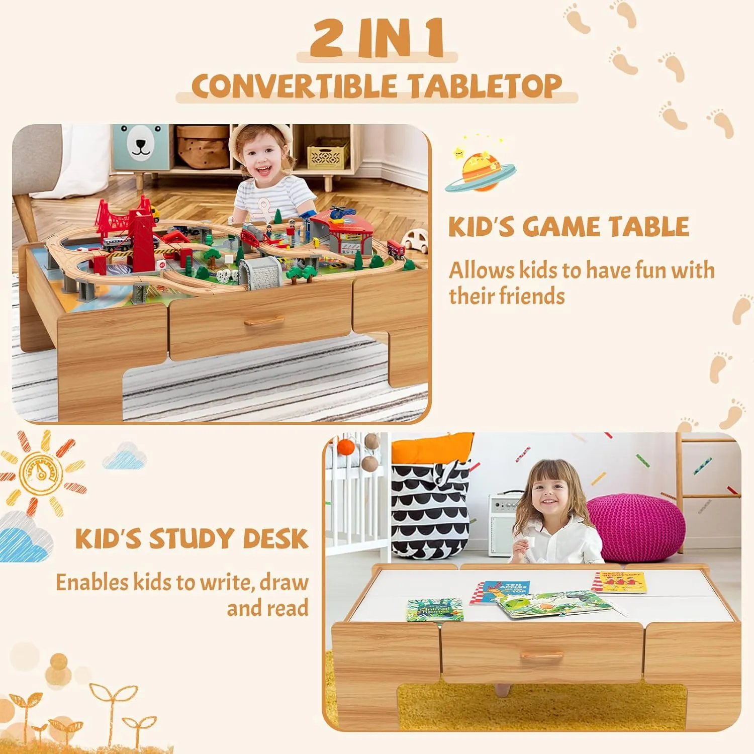 GLACER Kids Wooden Train Table Set, 100-Piece Multipurpose Activity Table with 2-in-1 Reversible & Removable Tabletop, Large Capacity Storage Drawer, Vehicles, Houses, DIY Gift for Aged 3 , Natural