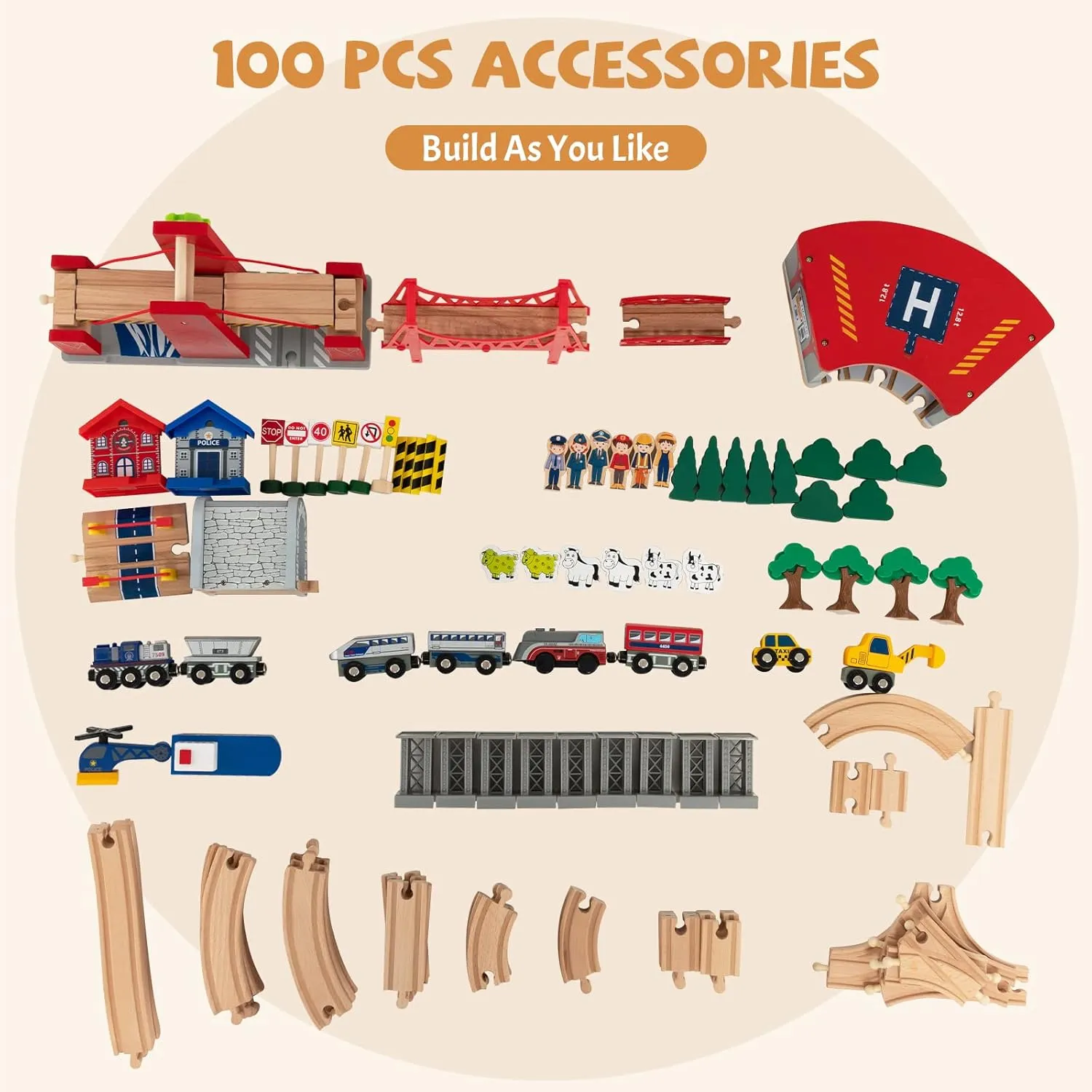 GLACER Kids Wooden Train Table Set, 100-Piece Multipurpose Activity Table with 2-in-1 Reversible & Removable Tabletop, Large Capacity Storage Drawer, Vehicles, Houses, DIY Gift for Aged 3 , Natural