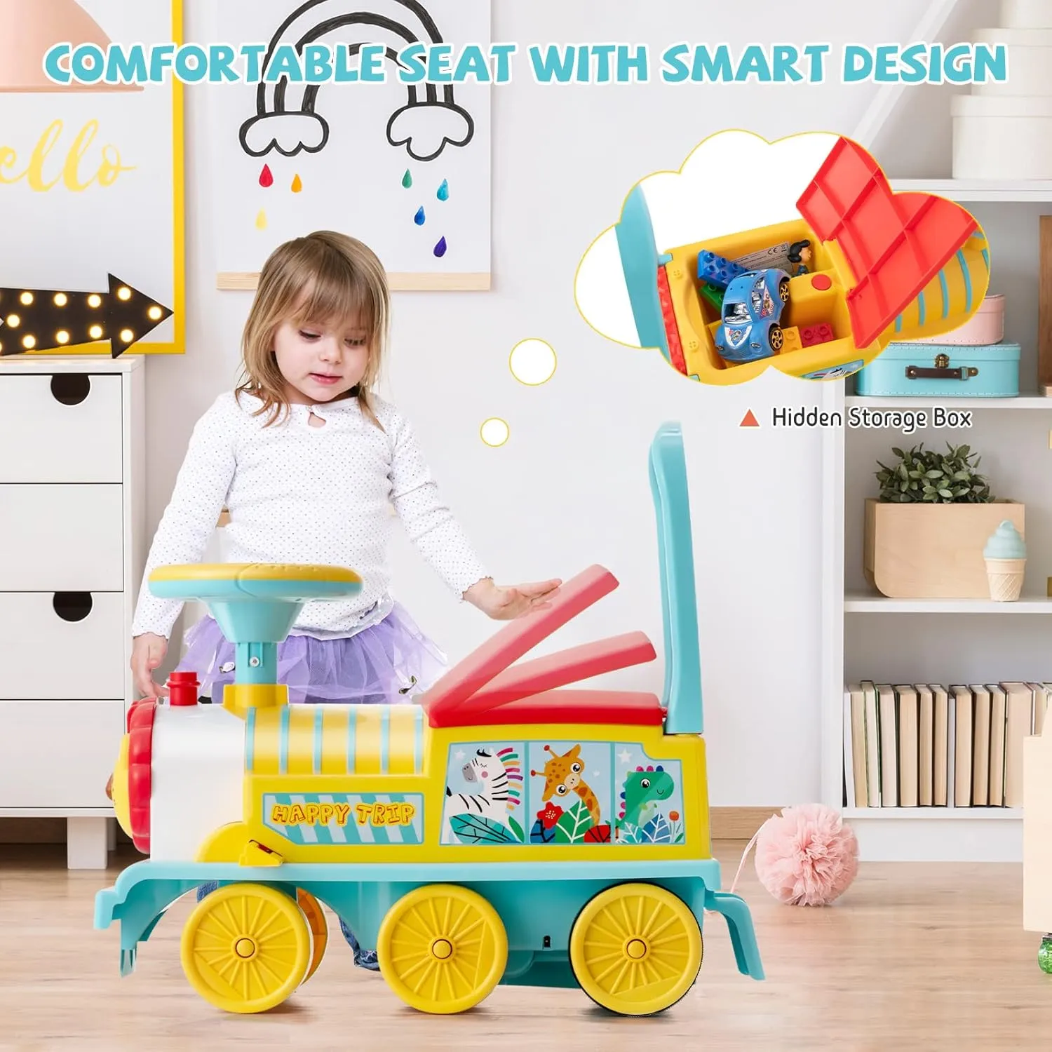 GLACER Ride On Train with 16 Pieces Tracks for Kids, Electric Ride On Toy with Lights & Sounds, Storage Box Under Seat and Retractable Foot Pedals, Gift for Toddler, Boys and Girls 3  Years (Blue)