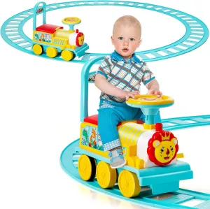 GLACER Ride On Train with 16 Pieces Tracks for Kids, Electric Ride On Toy with Lights & Sounds, Storage Box Under Seat and Retractable Foot Pedals, Gift for Toddler, Boys and Girls 3  Years (Blue)