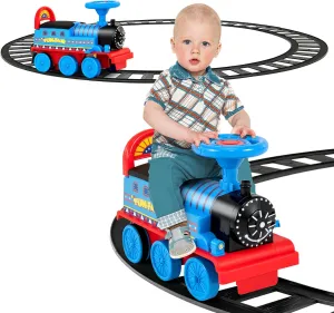 GLACER Ride On Train with 16 Pieces Tracks for Kids, Electric Ride On Toy with Lights & Sounds, Storage Box Under Seat and Retractable Foot Pedals, Gift for Toddler, Boys and Girls 3  Years (Navy)