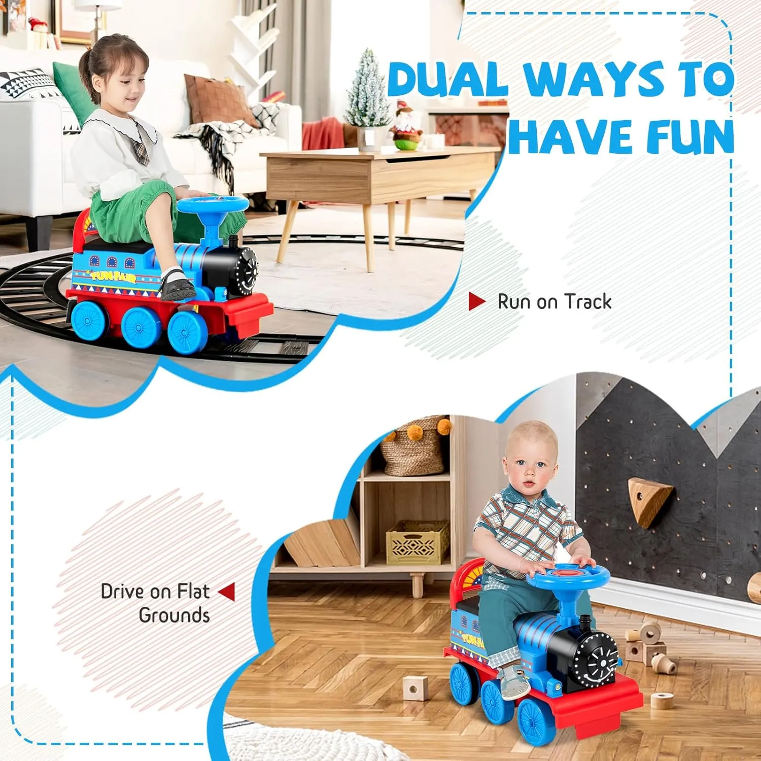 GLACER Ride On Train with 16 Pieces Tracks for Kids, Electric Ride On Toy with Lights & Sounds, Storage Box Under Seat and Retractable Foot Pedals, Gift for Toddler, Boys and Girls 3  Years (Navy)