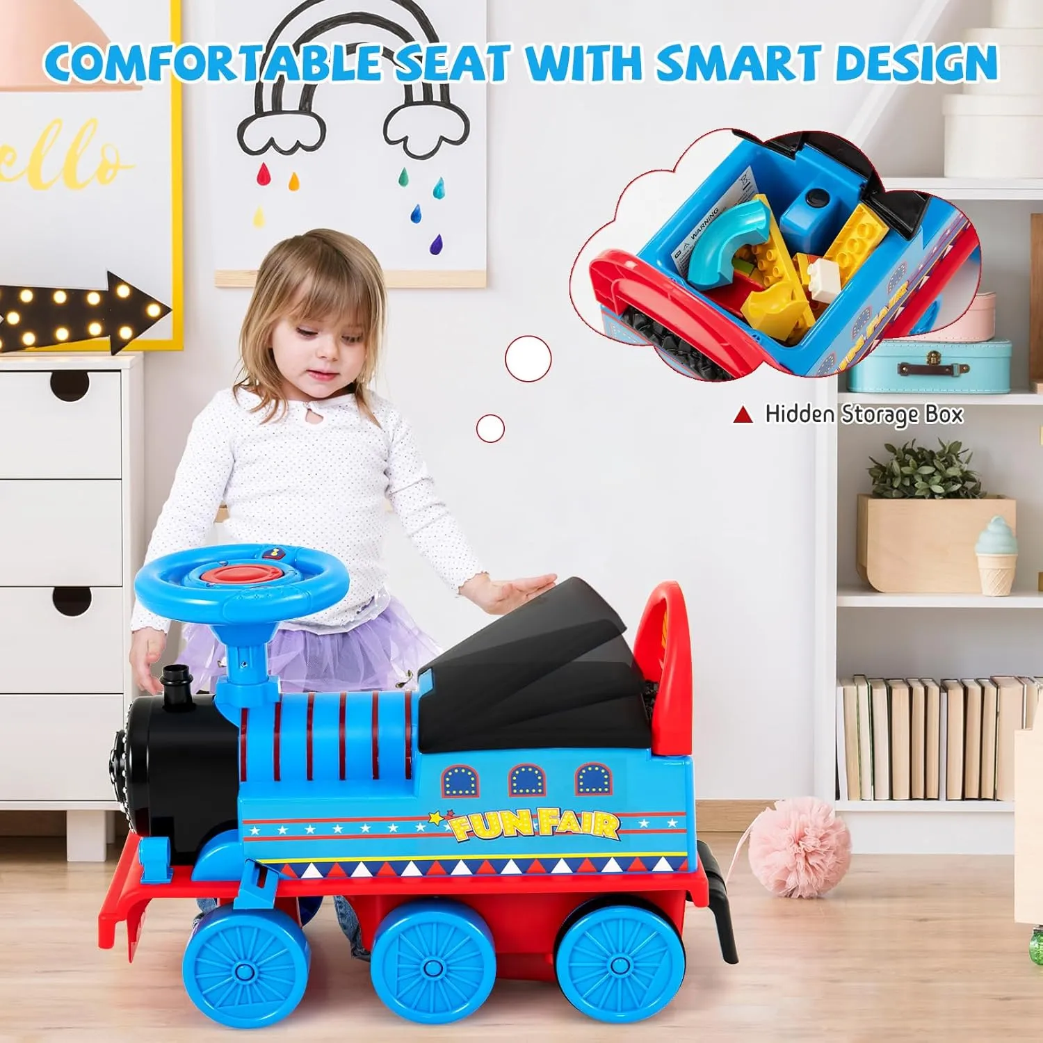 GLACER Ride On Train with 16 Pieces Tracks for Kids, Electric Ride On Toy with Lights & Sounds, Storage Box Under Seat and Retractable Foot Pedals, Gift for Toddler, Boys and Girls 3  Years (Navy)