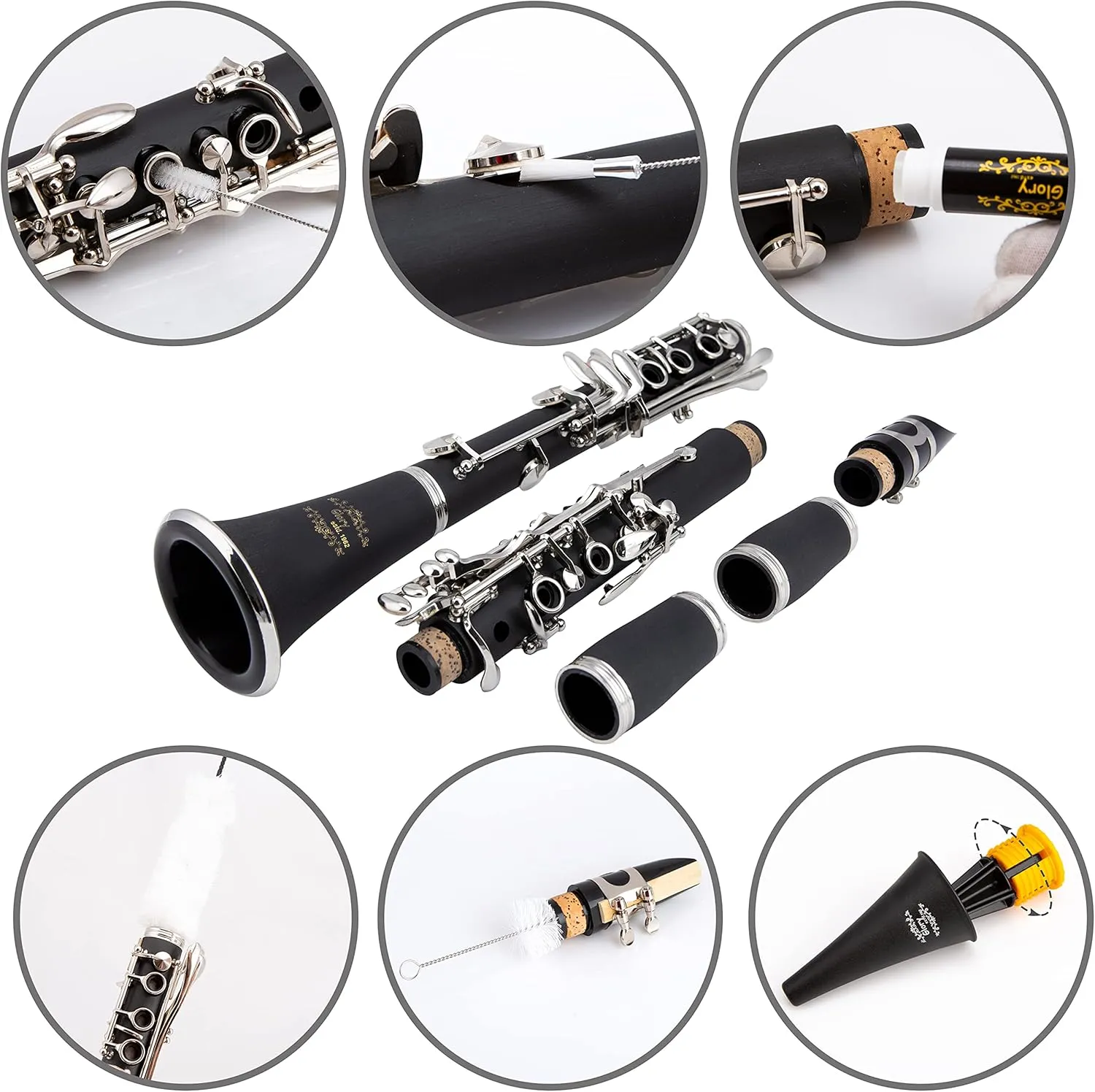 Glory GLY-PBK Professional Ebonite Bb Clarinet with 10 Reeds, Stand, Hard Case, Cleaning Cloth, Cork Grease, Mouthpiece Brush and Pad Brush, Black