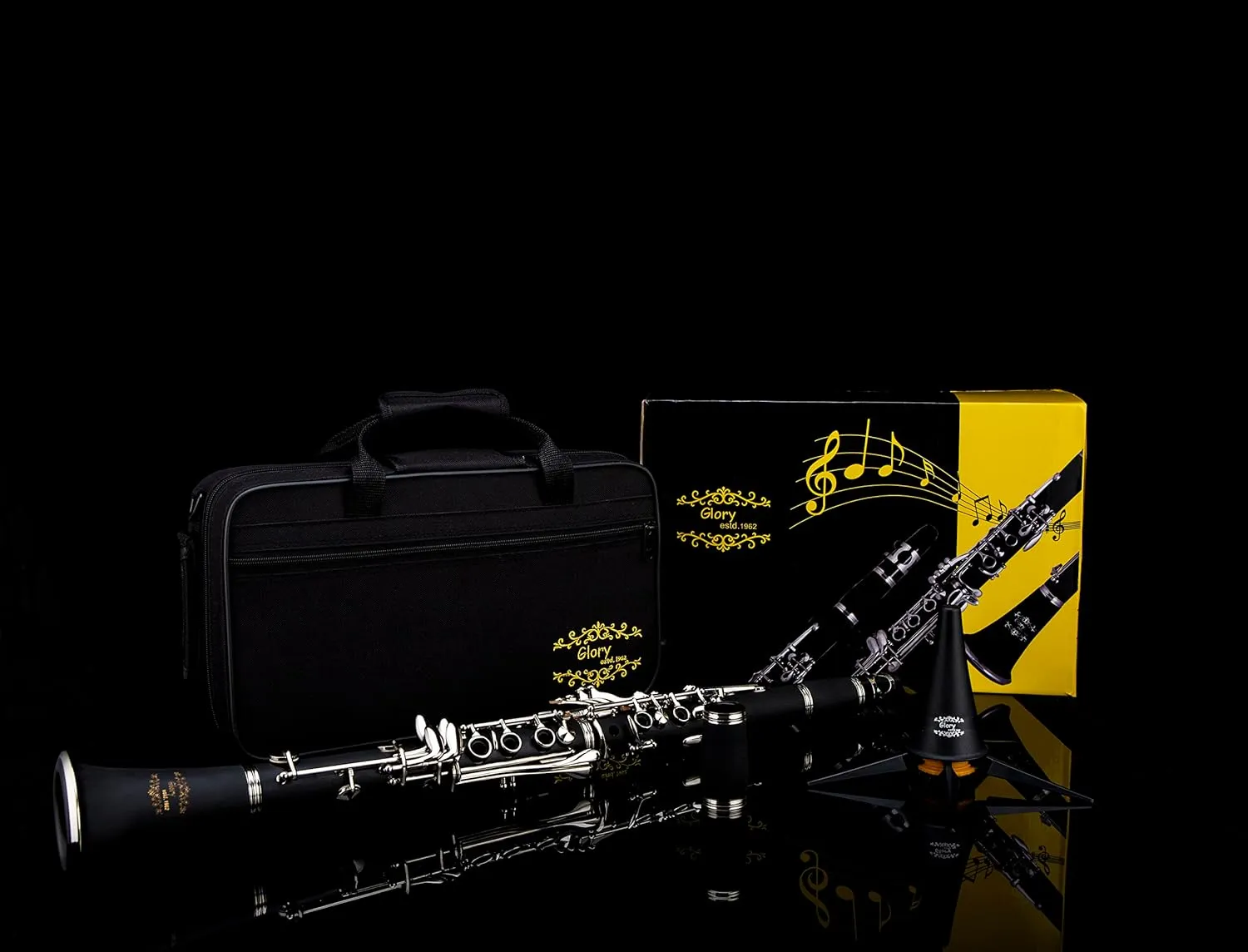 Glory GLY-PBK Professional Ebonite Bb Clarinet with 10 Reeds, Stand, Hard Case, Cleaning Cloth, Cork Grease, Mouthpiece Brush and Pad Brush, Black