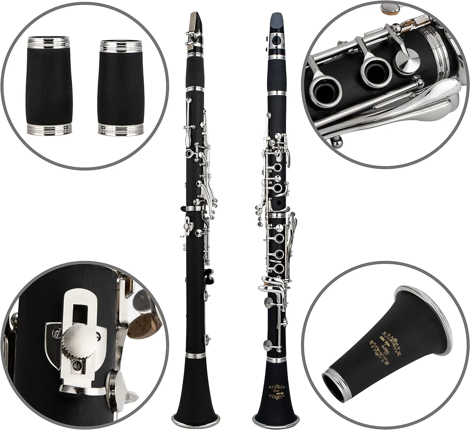 Glory GLY-PBK Professional Ebonite Bb Clarinet with 10 Reeds, Stand, Hard Case, Cleaning Cloth, Cork Grease, Mouthpiece Brush and Pad Brush, Black