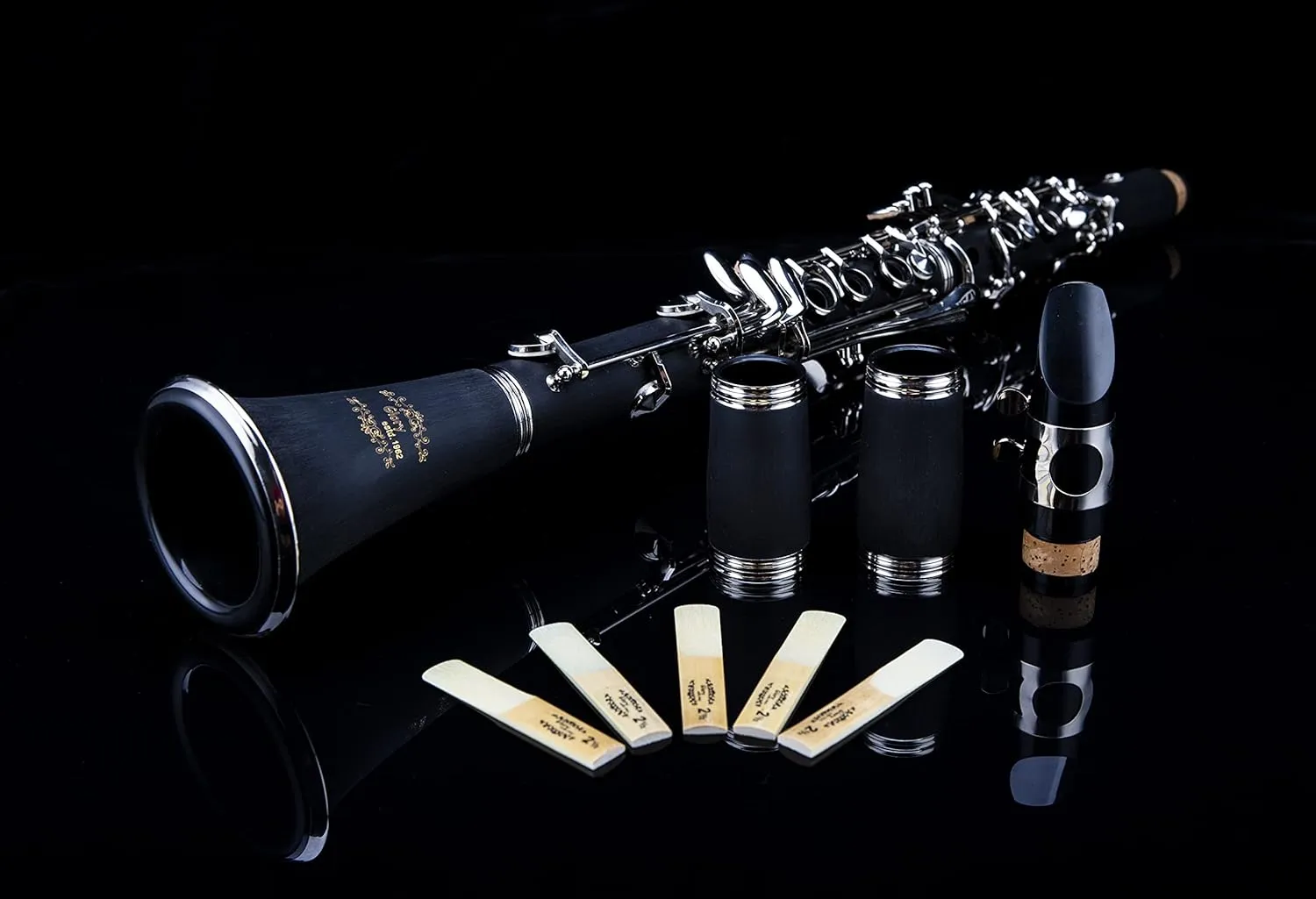 Glory GLY-PBK Professional Ebonite Bb Clarinet with 10 Reeds, Stand, Hard Case, Cleaning Cloth, Cork Grease, Mouthpiece Brush and Pad Brush, Black