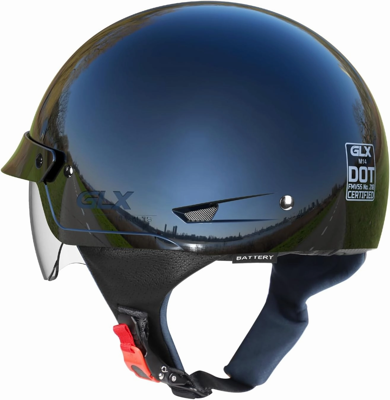GLX M14 Open Face Motorcycle Helmet - Black, Large - DOT Approved