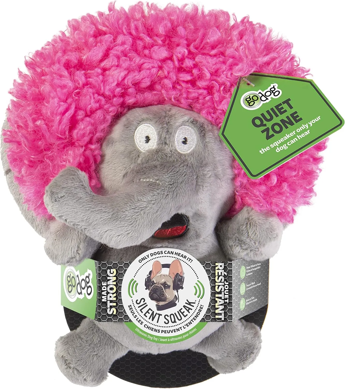 goDog Crazy Hairs Elephant Silent Squeak Plush Dog Toy, Chew Guard Technology - Gray, Small