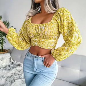 Golden Blossom Cropped Floral Blouse | Multicolor | Weekend Getaway | Lightweight Chiffon