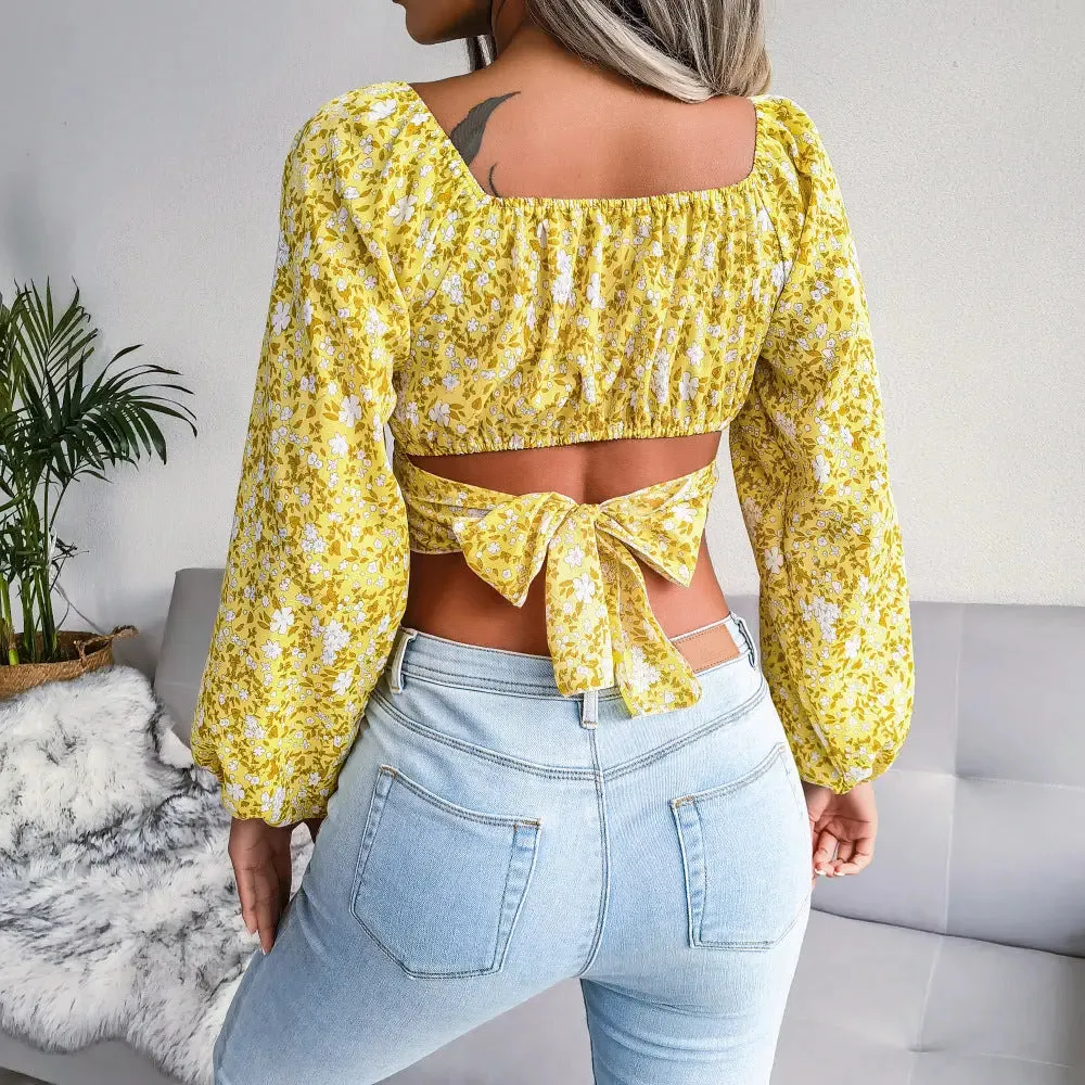 Golden Blossom Cropped Floral Blouse | Multicolor | Weekend Getaway | Lightweight Chiffon