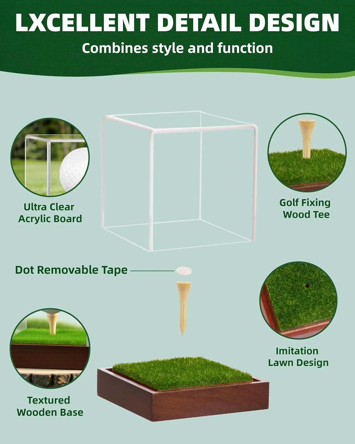 Golf Ball Display Case Clear Acrylic Trophy Stand Cube Holder with Solid Wood Base & Tee, Anti-Dust Transparent Storage Box for Special Golf Ball Collections, Ideal for Collections & Gifts