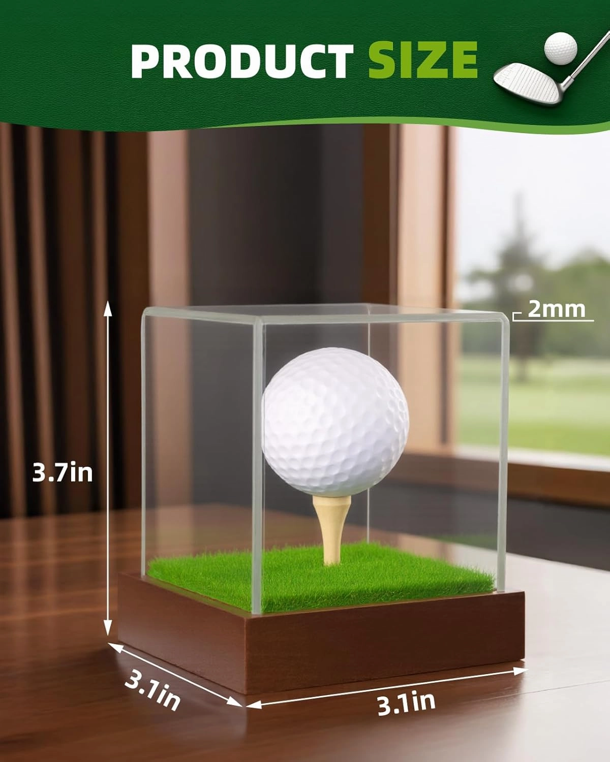 Golf Ball Display Case Clear Acrylic Trophy Stand Cube Holder with Solid Wood Base & Tee, Anti-Dust Transparent Storage Box for Special Golf Ball Collections, Ideal for Collections & Gifts