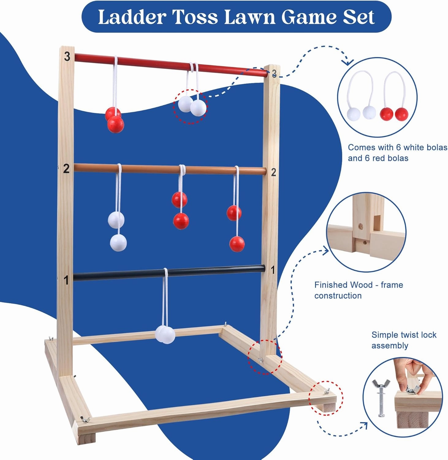 GOTHINK Wooden Ladder Toss Game Set - Finished Wood Toss Set with Ladder Ball Bolos - Indoor & Outdoor Game for Kids & Adults