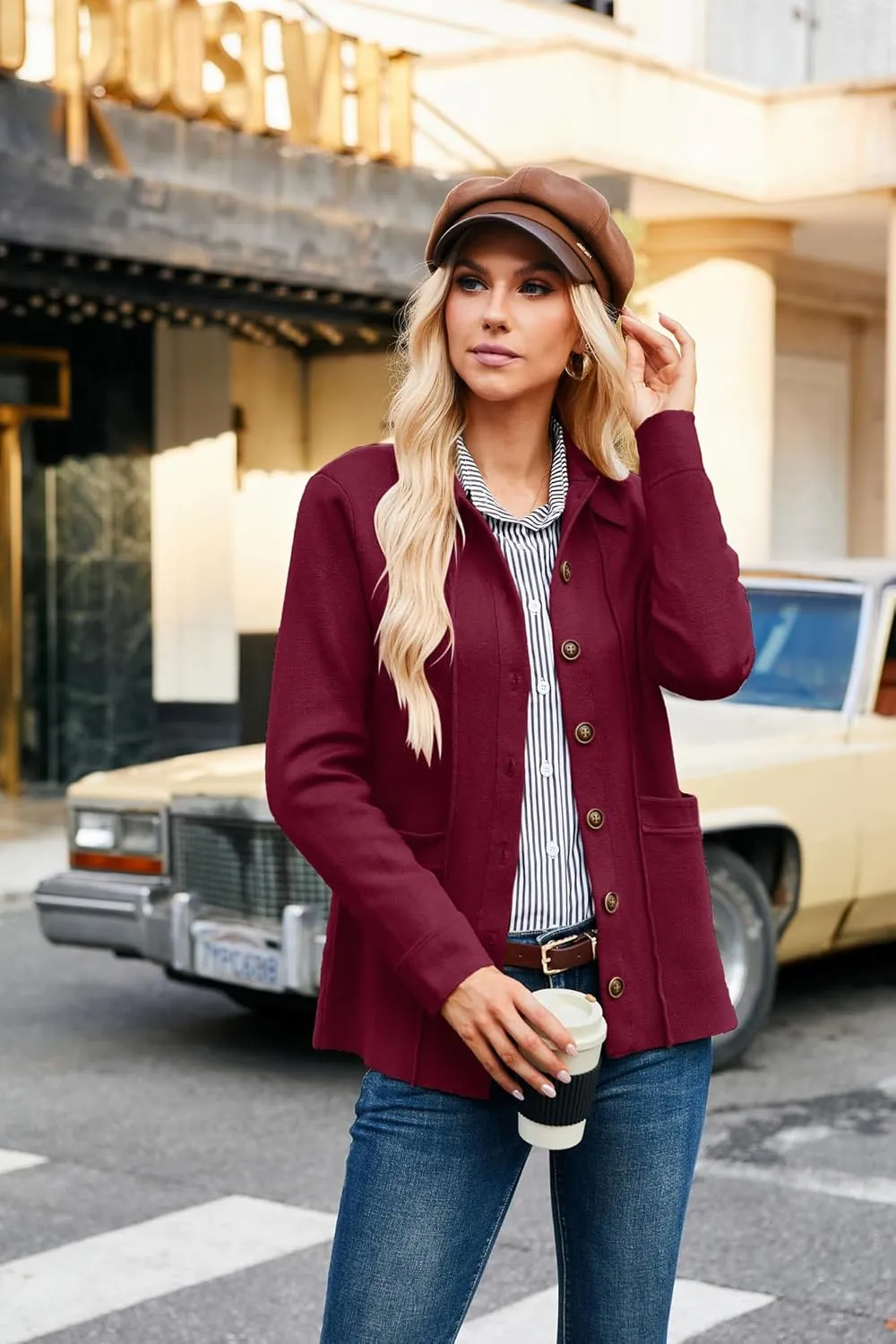 GRACE KARIN Women Casual Cardigan Knit Button Down Shirts Long Sleeve Shacket Jacket with Pockets
