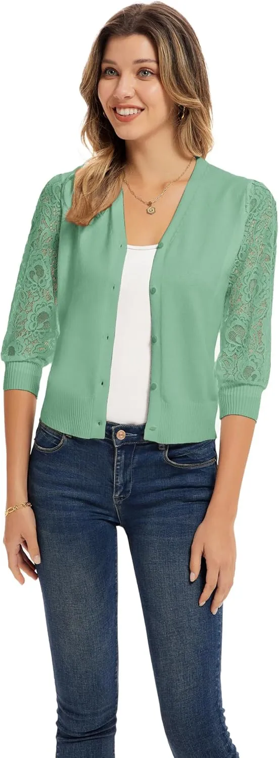 GRACE KARIN Women's Summer Cardigan Lightweight V Neck Lace 3/4 Sleeve Button Front Sweaters