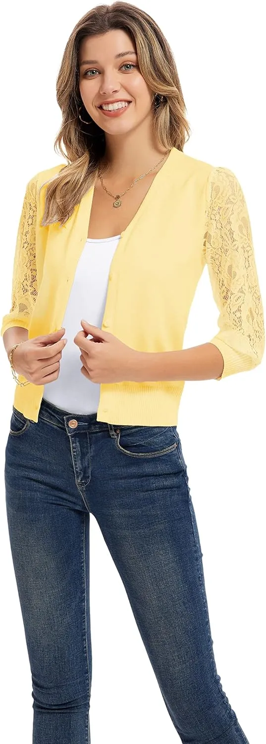 GRACE KARIN Women's Summer Cardigan Lightweight V Neck Lace 3/4 Sleeve Button Front Sweaters
