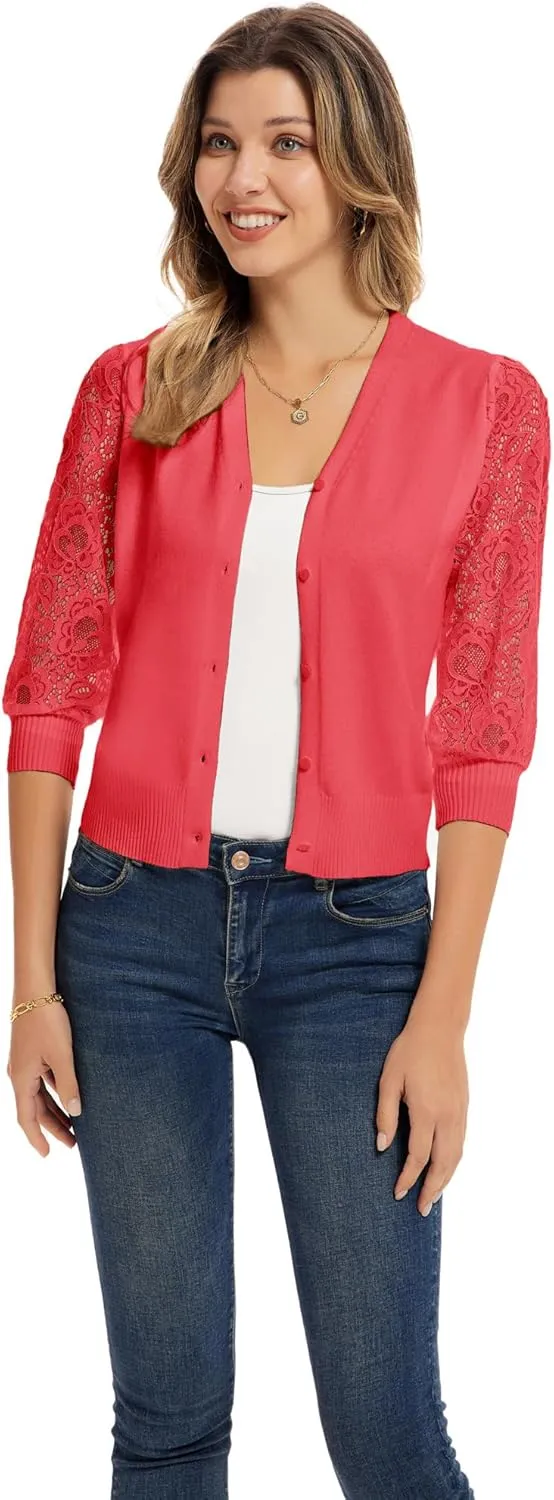 GRACE KARIN Women's Summer Cardigan Lightweight V Neck Lace 3/4 Sleeve Button Front Sweaters