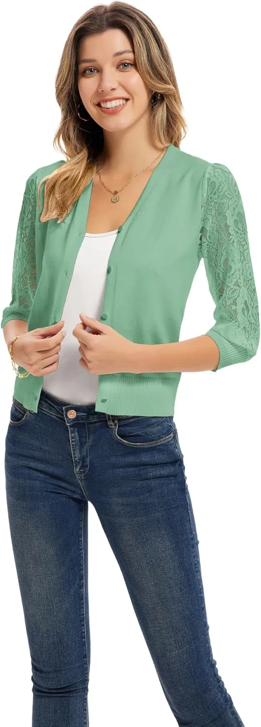GRACE KARIN Women's Summer Cardigan Lightweight V Neck Lace 3/4 Sleeve Button Front Sweaters