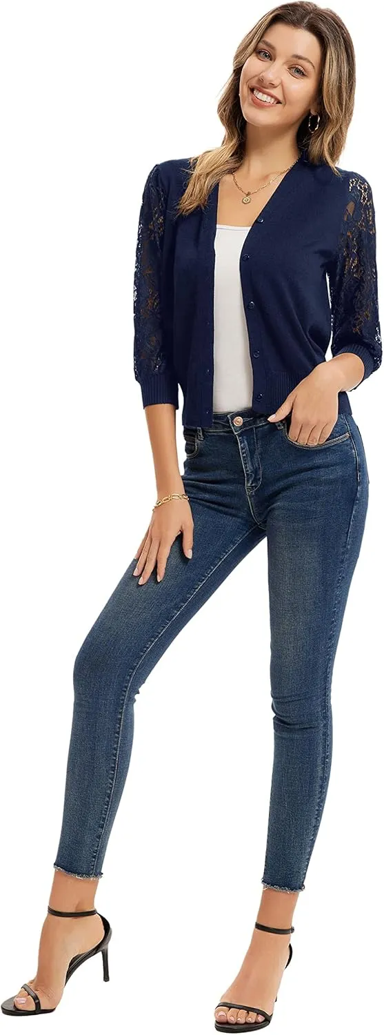 GRACE KARIN Women's Summer Cardigan Lightweight V Neck Lace 3/4 Sleeve Button Front Sweaters