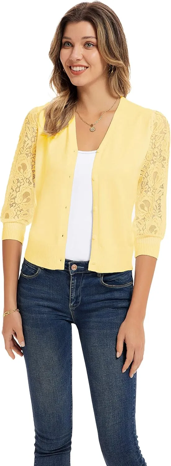 GRACE KARIN Women's Summer Cardigan Lightweight V Neck Lace 3/4 Sleeve Button Front Sweaters