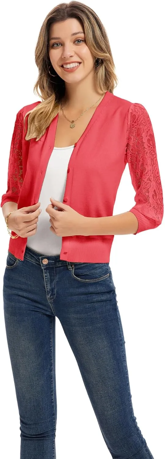 GRACE KARIN Women's Summer Cardigan Lightweight V Neck Lace 3/4 Sleeve Button Front Sweaters