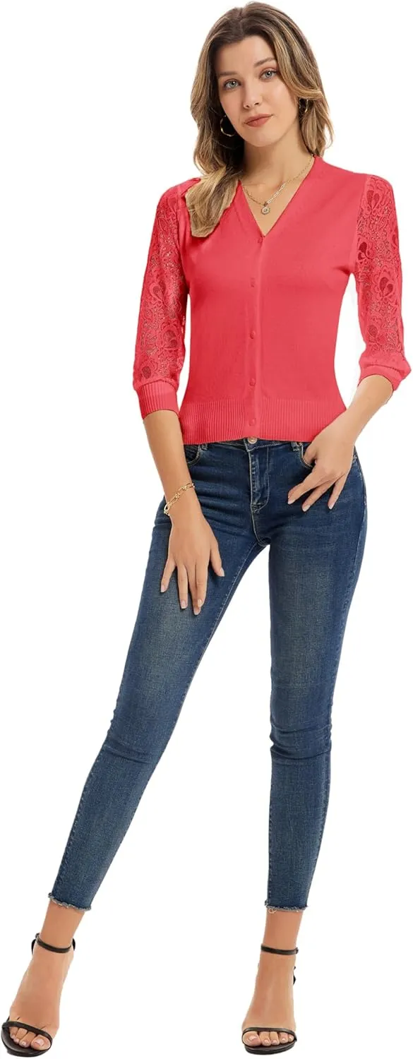 GRACE KARIN Women's Summer Cardigan Lightweight V Neck Lace 3/4 Sleeve Button Front Sweaters