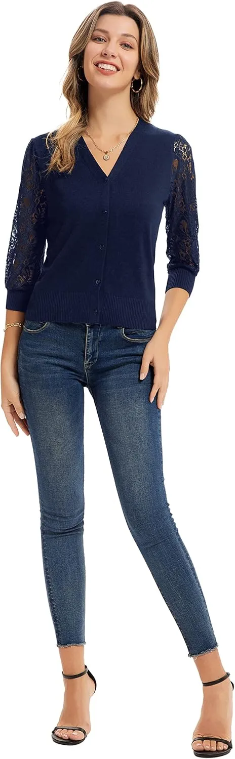 GRACE KARIN Women's Summer Cardigan Lightweight V Neck Lace 3/4 Sleeve Button Front Sweaters