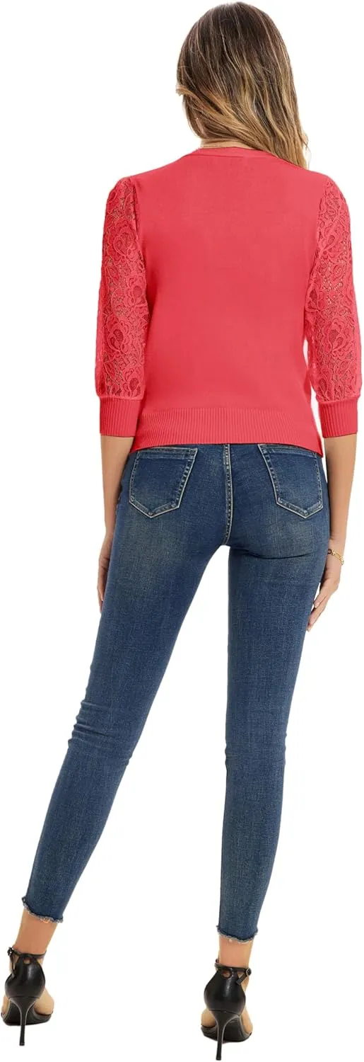 GRACE KARIN Women's Summer Cardigan Lightweight V Neck Lace 3/4 Sleeve Button Front Sweaters