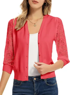 GRACE KARIN Women's Summer Cardigan Lightweight V Neck Lace 3/4 Sleeve Button Front Sweaters