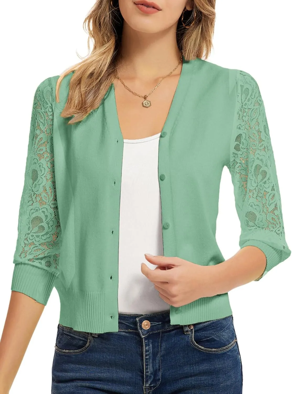 GRACE KARIN Women's Summer Cardigan Lightweight V Neck Lace 3/4 Sleeve Button Front Sweaters