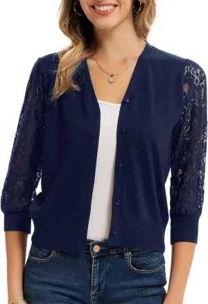 GRACE KARIN Women's Summer Cardigan Lightweight V Neck Lace 3/4 Sleeve Button Front Sweaters